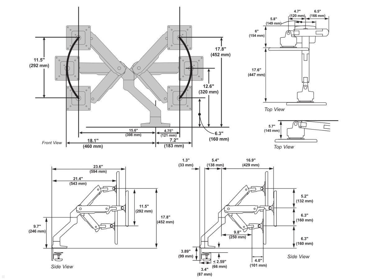 Ergotron HX Arm Monitor Tischhalterung, schwarz (45-475-224), technische Zeichnung