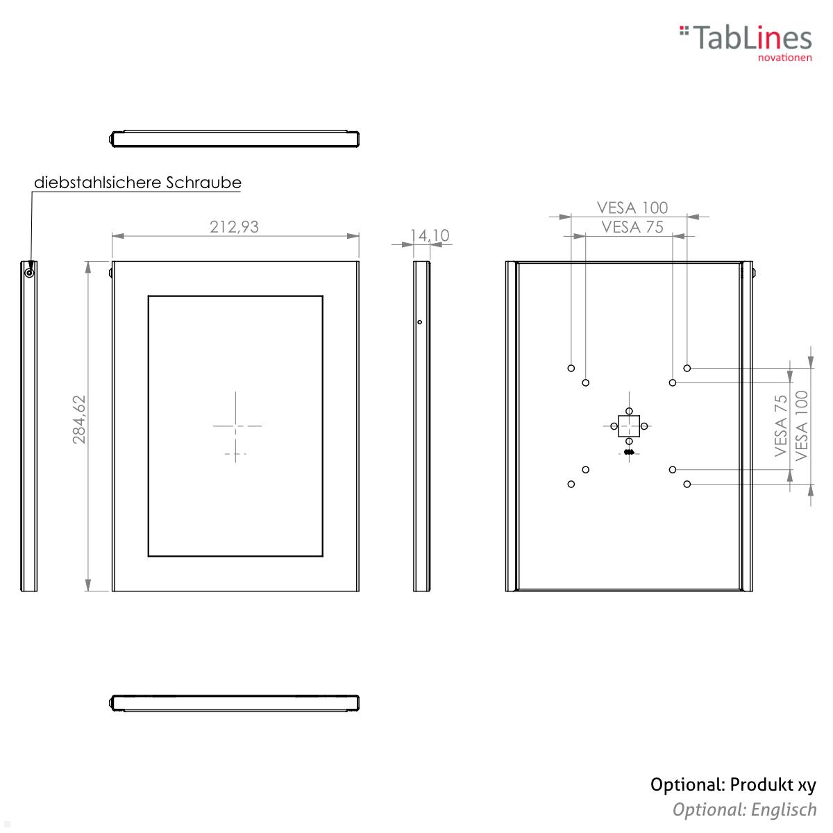 TabLines TSG084E Tablet Schutzgehäuse für Microsoft Surface Go 3, Edelstahl technische Zeichnung