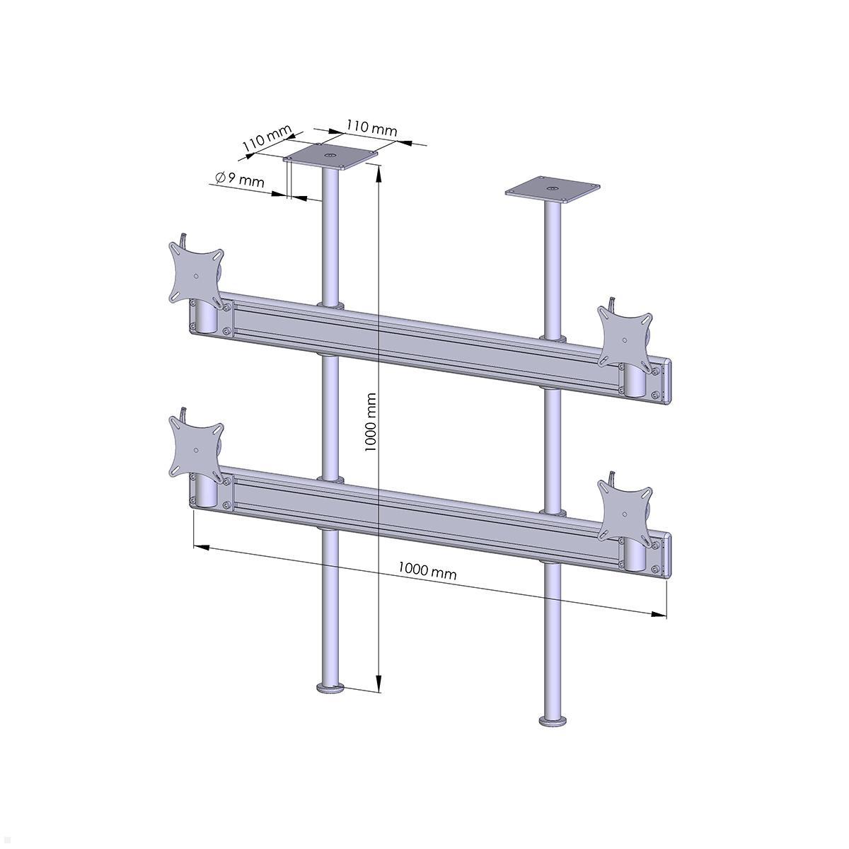 MonLines MDH221G Flat 2+2 Monitor Deckenhalterung bis 32 Zoll, grau, Zeichnung Maße