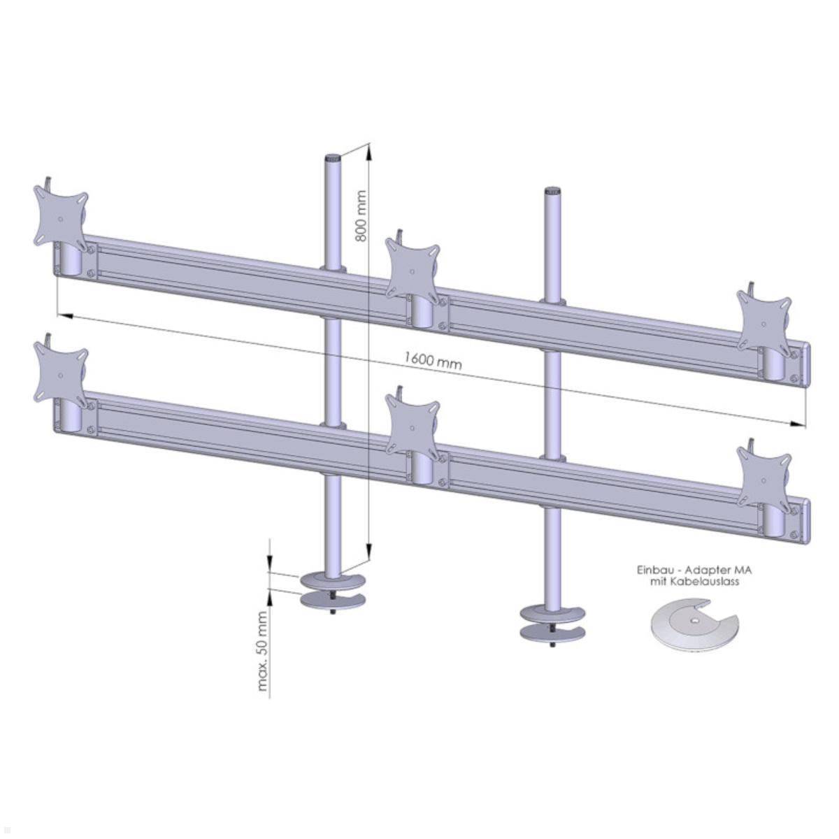 MonLines MTH207B Flat 3+3 Display Tischhalterung Einbau 25-32 Zoll, schwarz, Zeichnung Maße