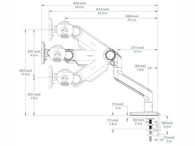 Humanscale M10 Monitor Tischhalterung Klemme, schräg, weiß (M10CMWBTB) Technische Zeichnung