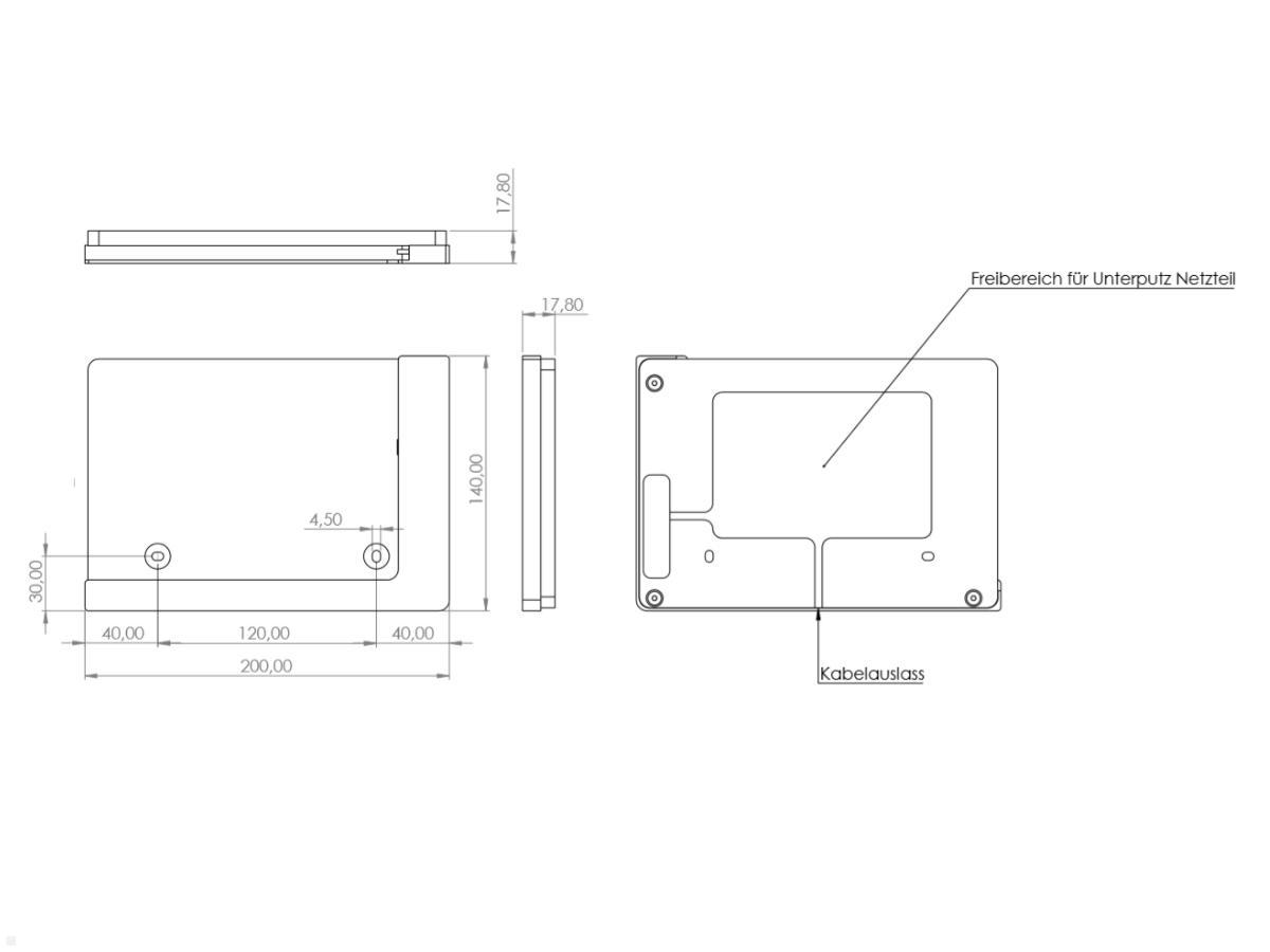 TabLines TWP002W Tablet Wandhalter für Samsung Tab A 10.1 (2019), weiß, Zeichnung Maße Installation