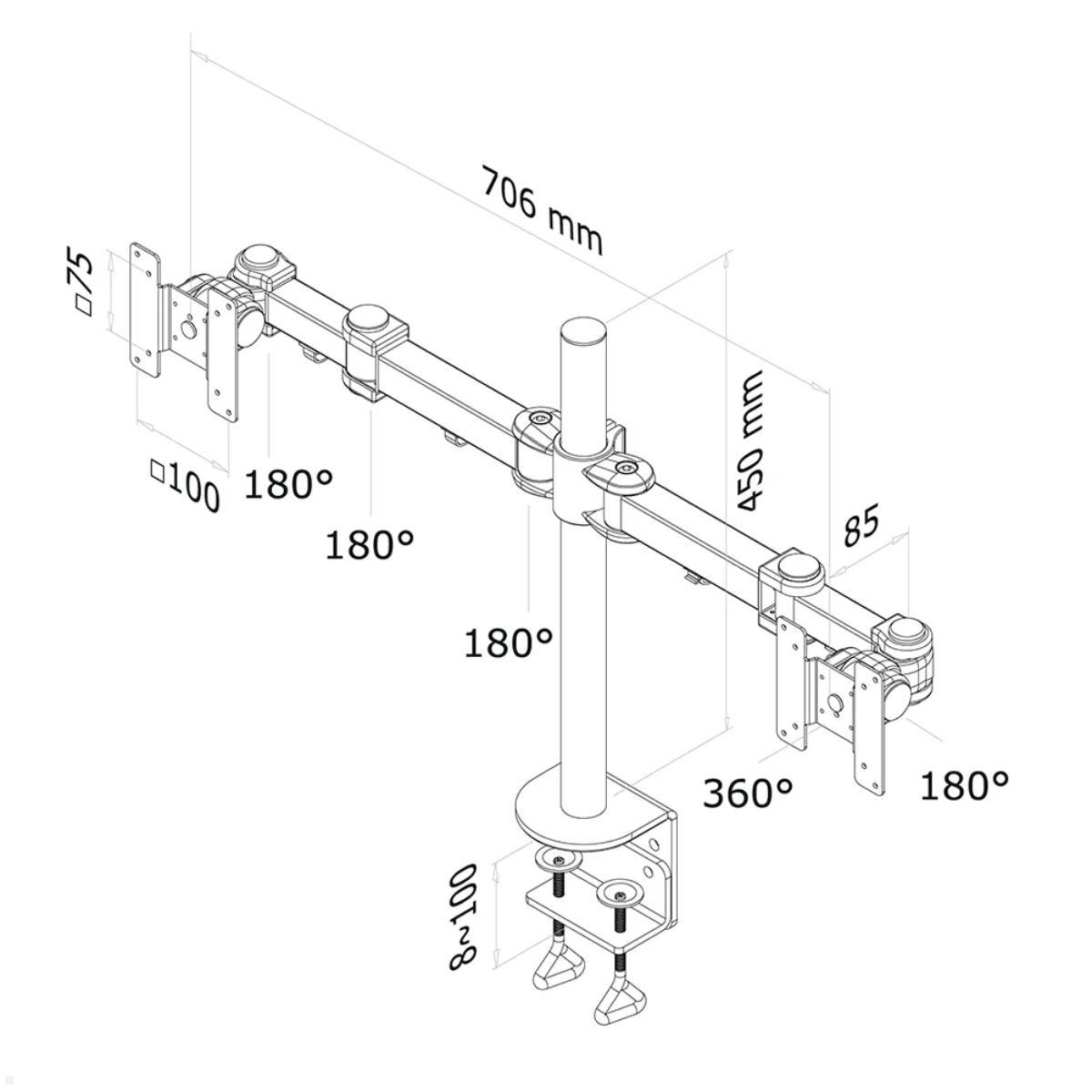 Neomounts FPMA-D960D Doppelmonitorhalterung mit Tischklemme, schwarz, Technische Zeichnung