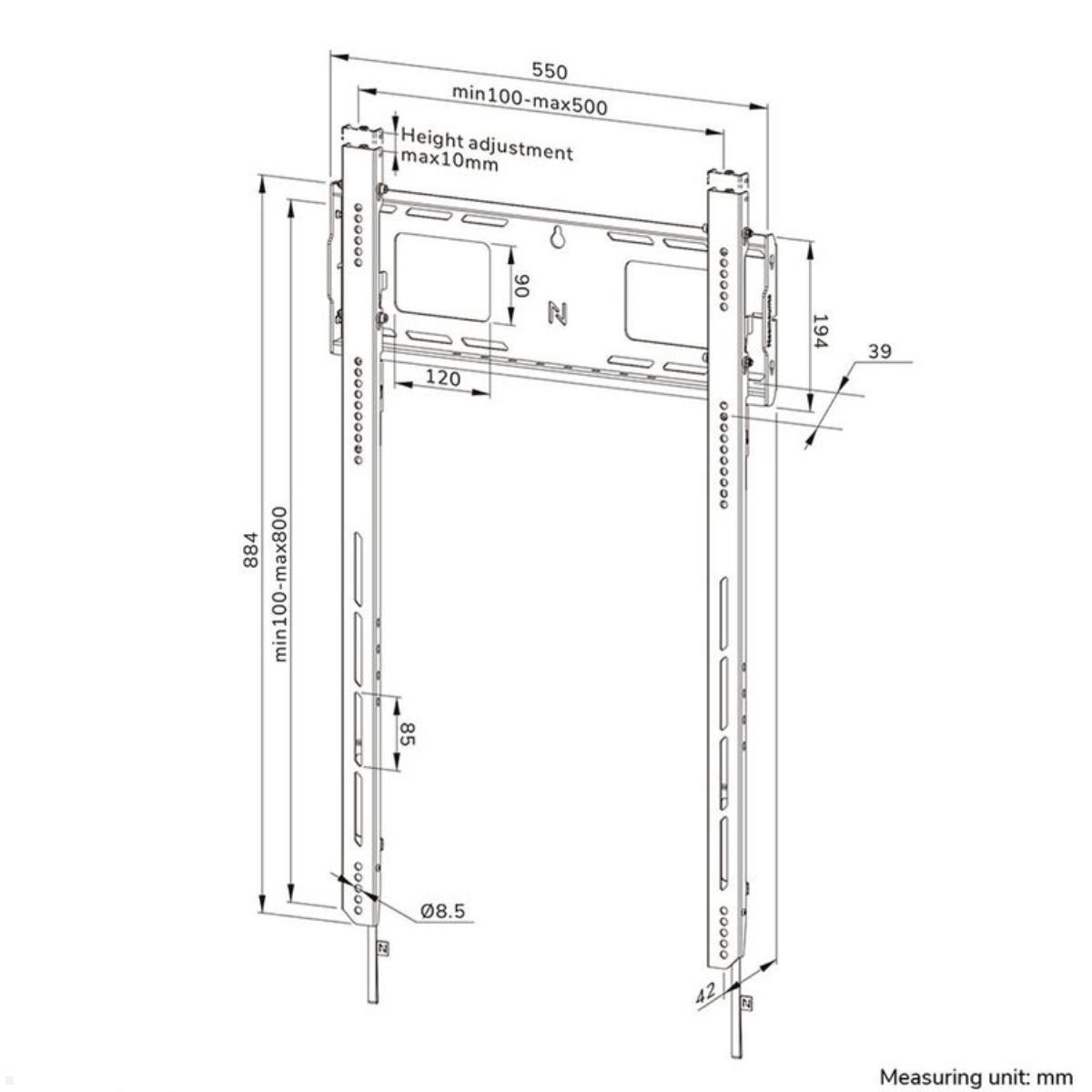 Neomounts Level WL30-750BL18P flacher Schwerlast TV Wandhalter 50 - 98 Zoll, Hochformat, 100 kg technische Zeichnung