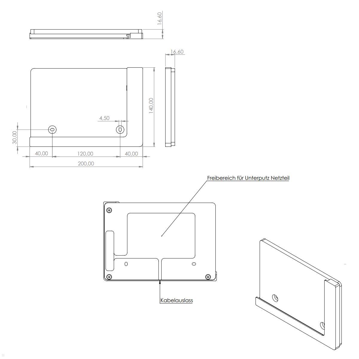 TabLines TWP013B Wandhalterung für Samsung Tab S7 FE 12.4, schwarz, Zeichnung Maße Installation