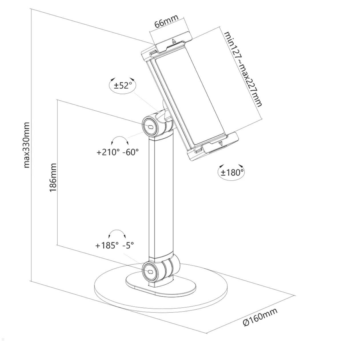 Neomounts Tablet Tischständer bis 12,9 Zoll 2 Drehpunkte, schwarz, technische Zeichnung