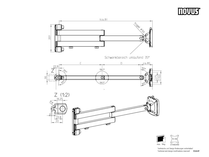 Novus Monitorhalterung TSS Faltarm III XL 800 PM für gerade Profile (965+0119+015) technische Zeichnung