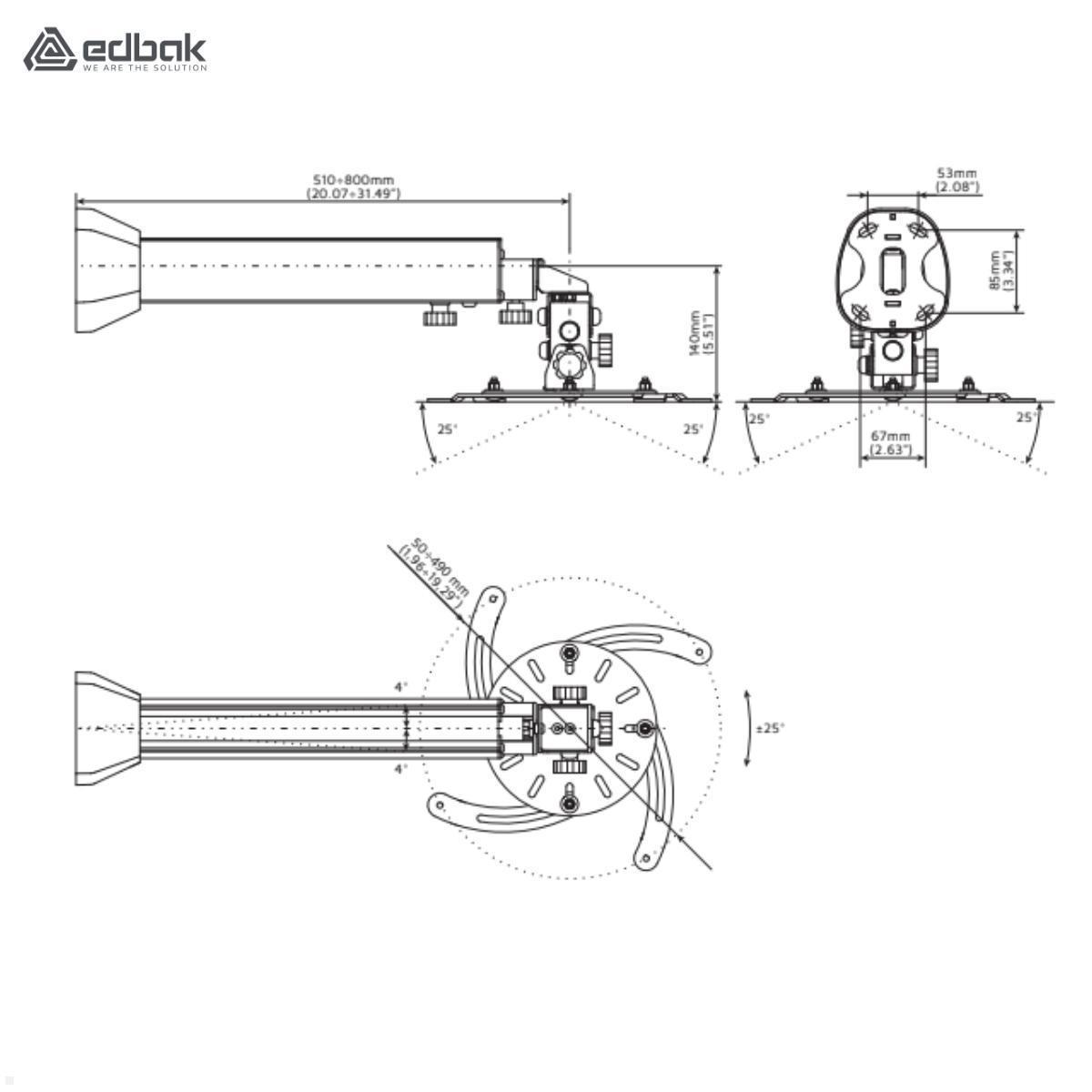 Edbak WPMV200W Beamer Wandhalterung 800-1300 mm, weiß technische Zeichnung