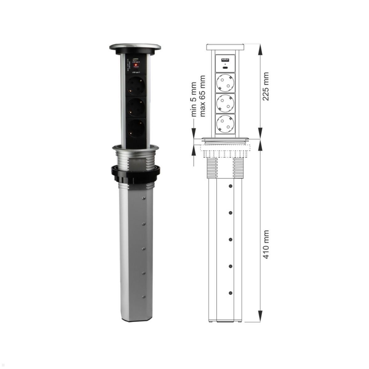 TecLines TVS006S versenkbare 3-fach Steckdosenleiste mit USB A/C, Qi, silber technische Zeichnung