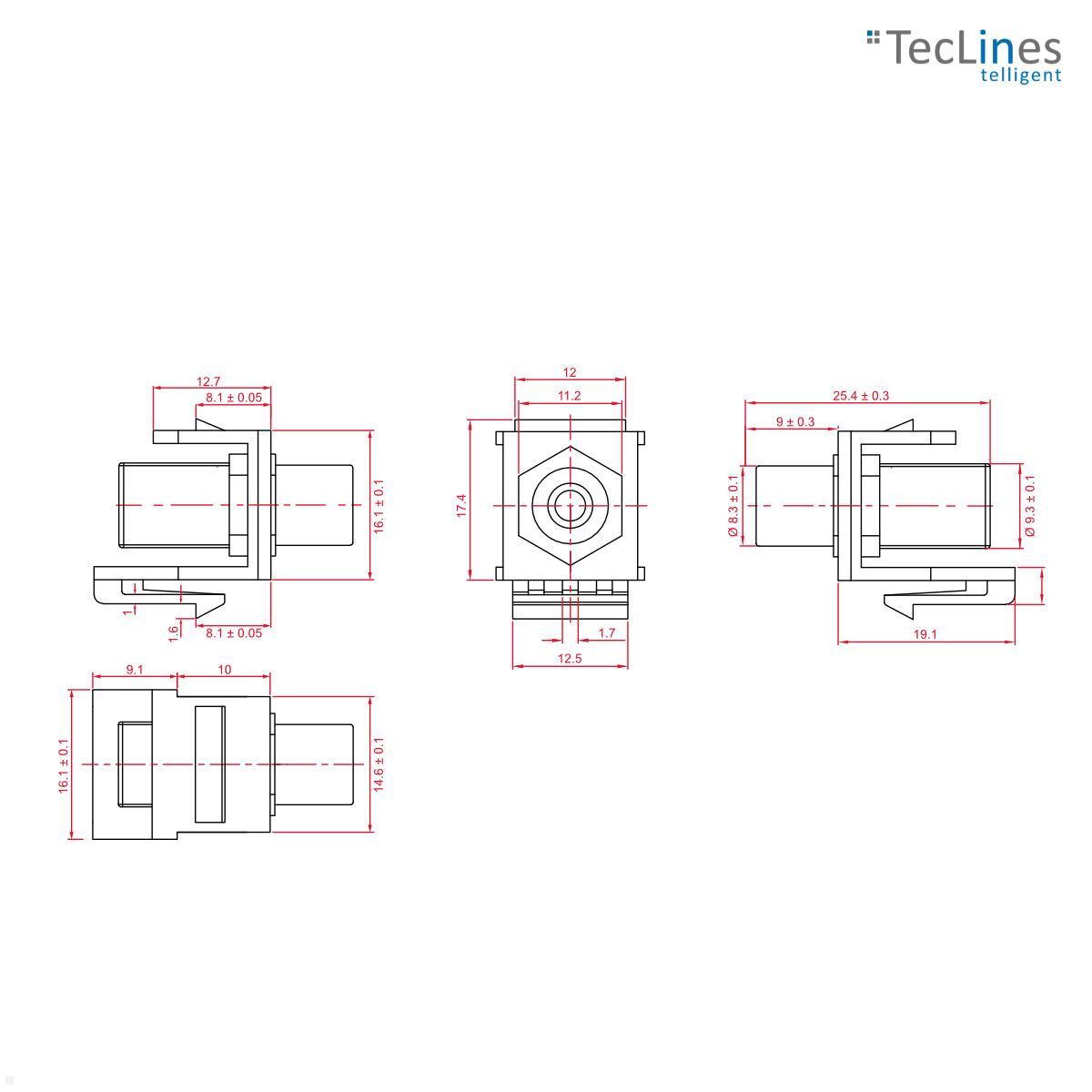 TecLines TKM009W Keystone Modul Cinch Buchse/Buchse, vergoldet technische Zeichnung