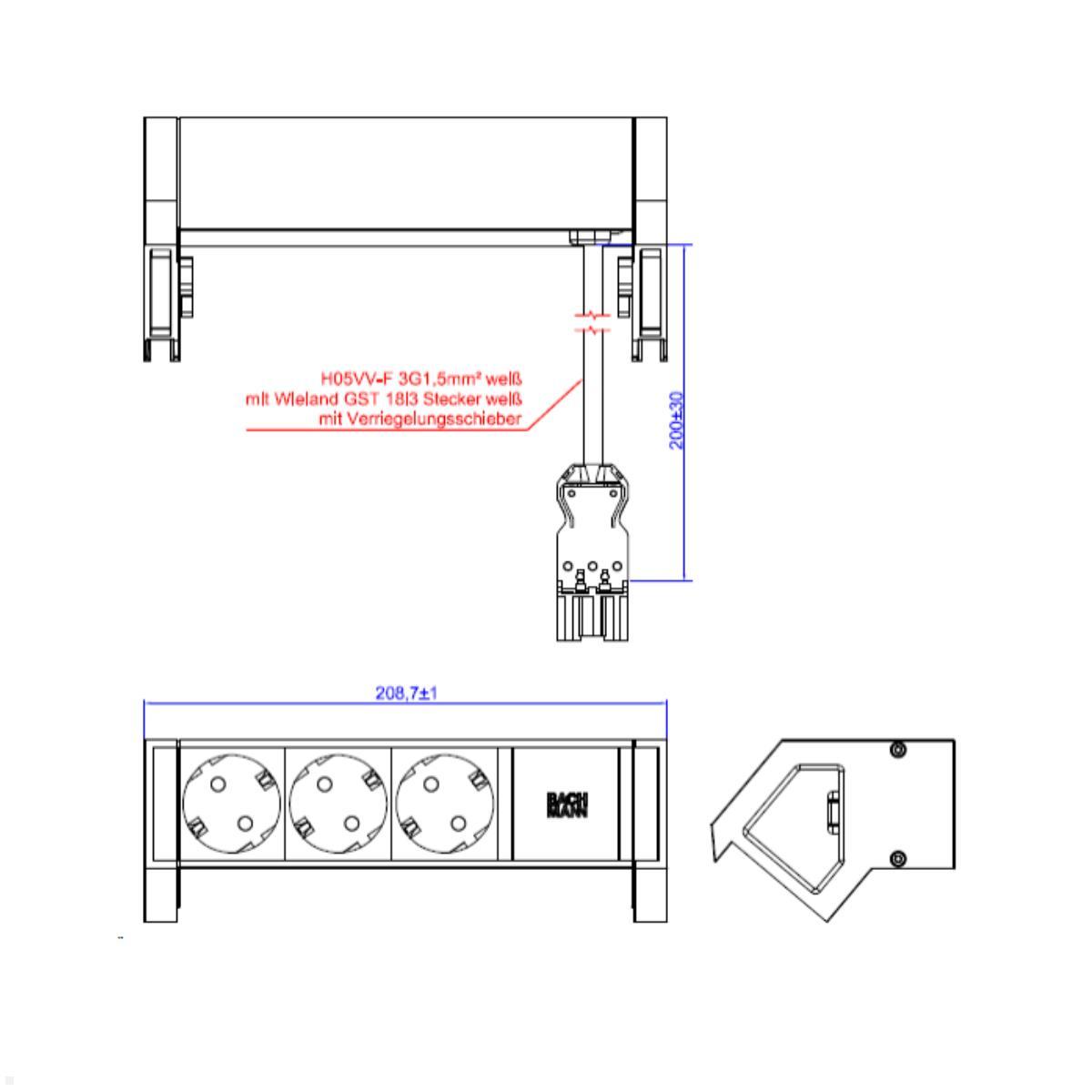 Bachmann DESK 2 3x Steckdose pure white (937.406), Zeichnung Maße