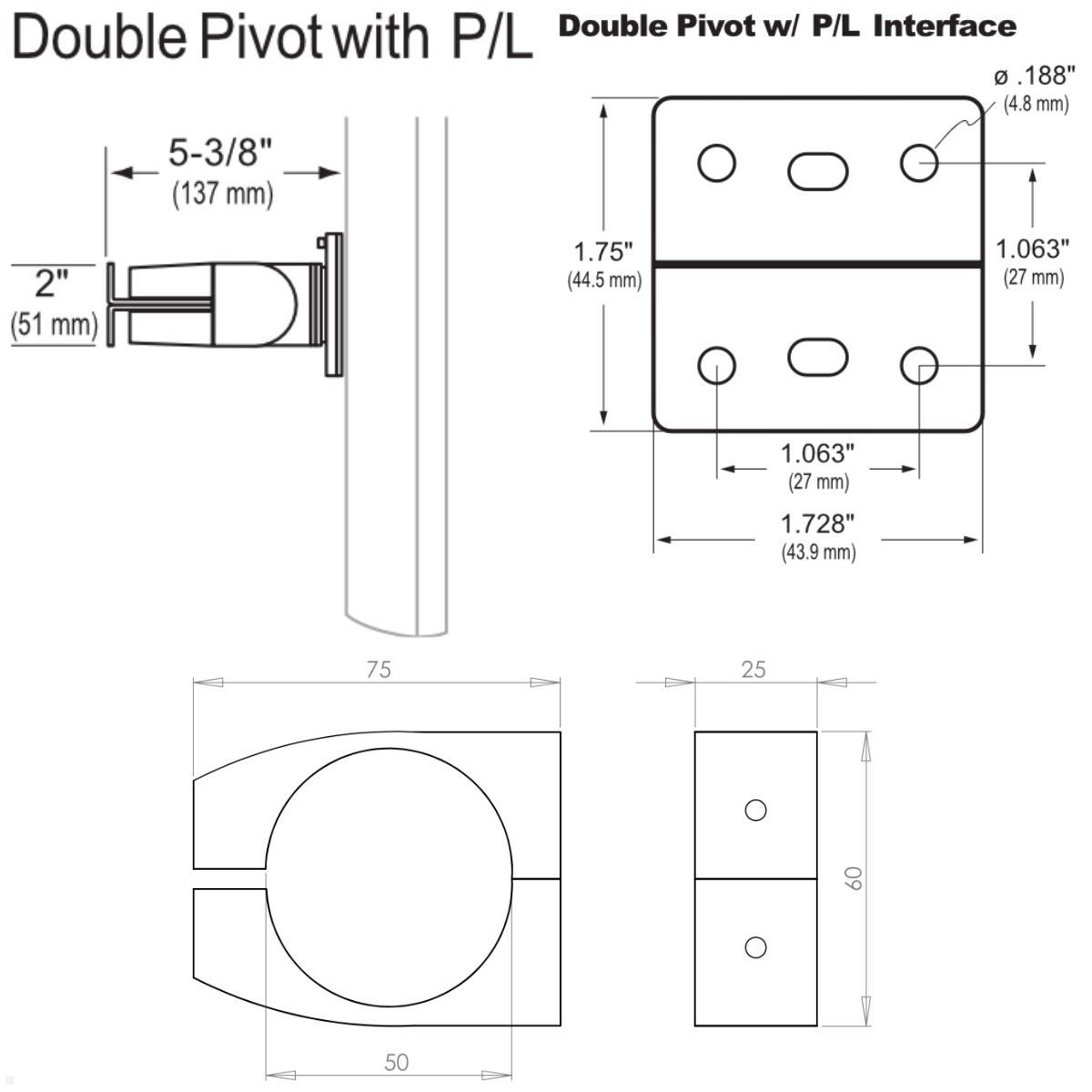 Ergotron Serie 100 Double Monitorhalterung für Rohre / Säulen 46-50 mm, technische Zeichnung