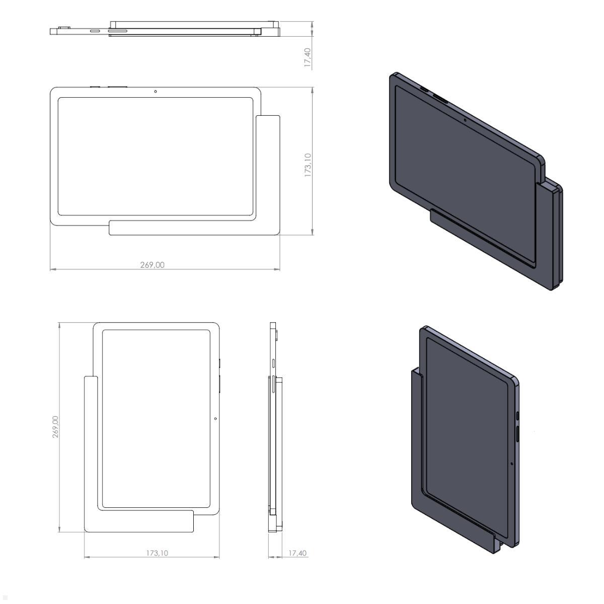 TabLines TWP018B Wandhalterung für Samsung Tab A8 10.5 (2022), schwarz, Zeichnung Maße mit Tablet (nicht enthalten)