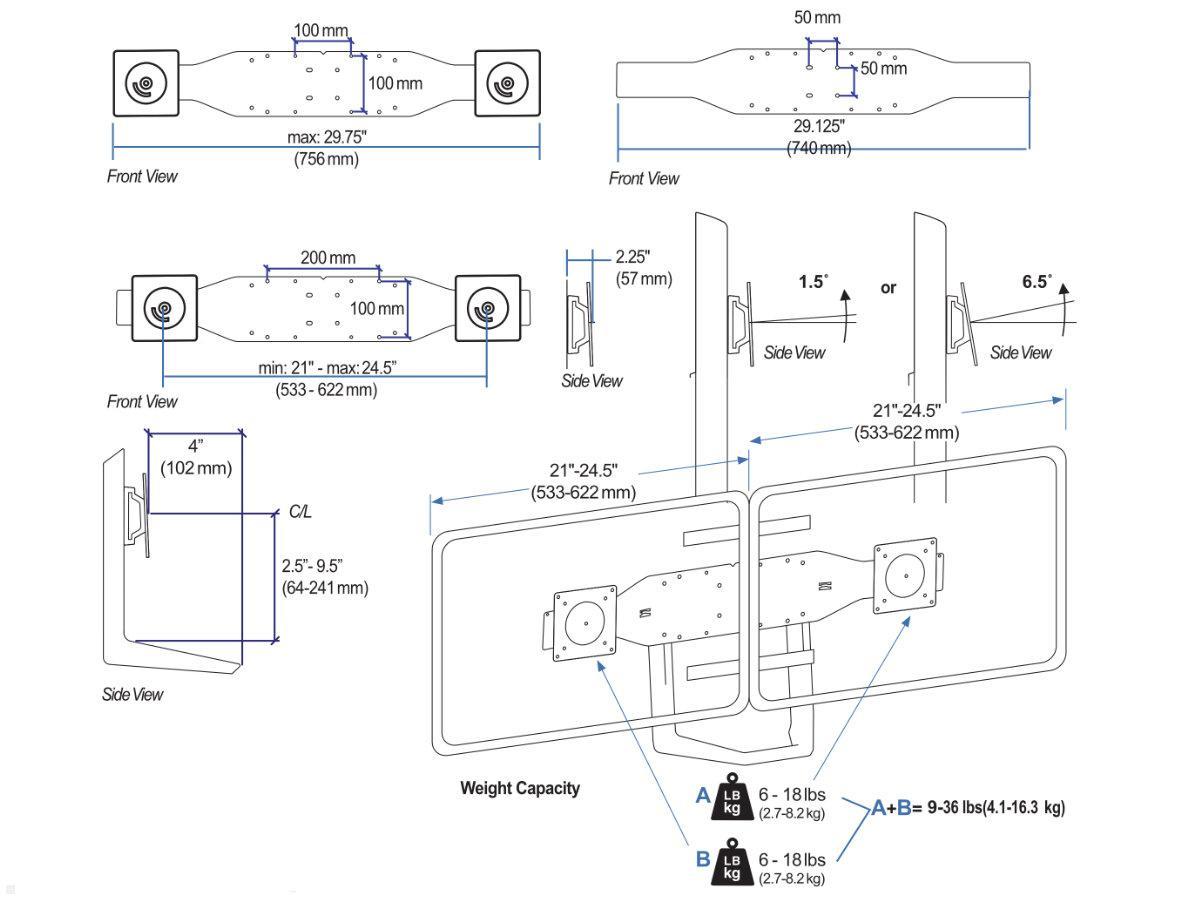 Ergotron Zubehör Adapter für Dual Monitorhalterung (97-718-009), technische Zeichnung