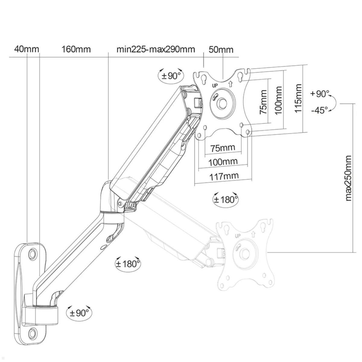 Neomounts WL70-450BL11 schwenkbare Monitor Wandhalterung 17-32 Zoll, technische Zeichnung