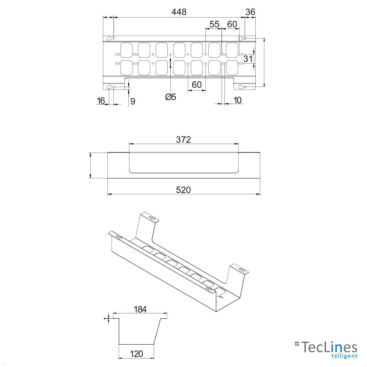 TecLines TKW002W Schreibtisch Kabelwanne horizontal 520 mm, weiß technische Zeichnung