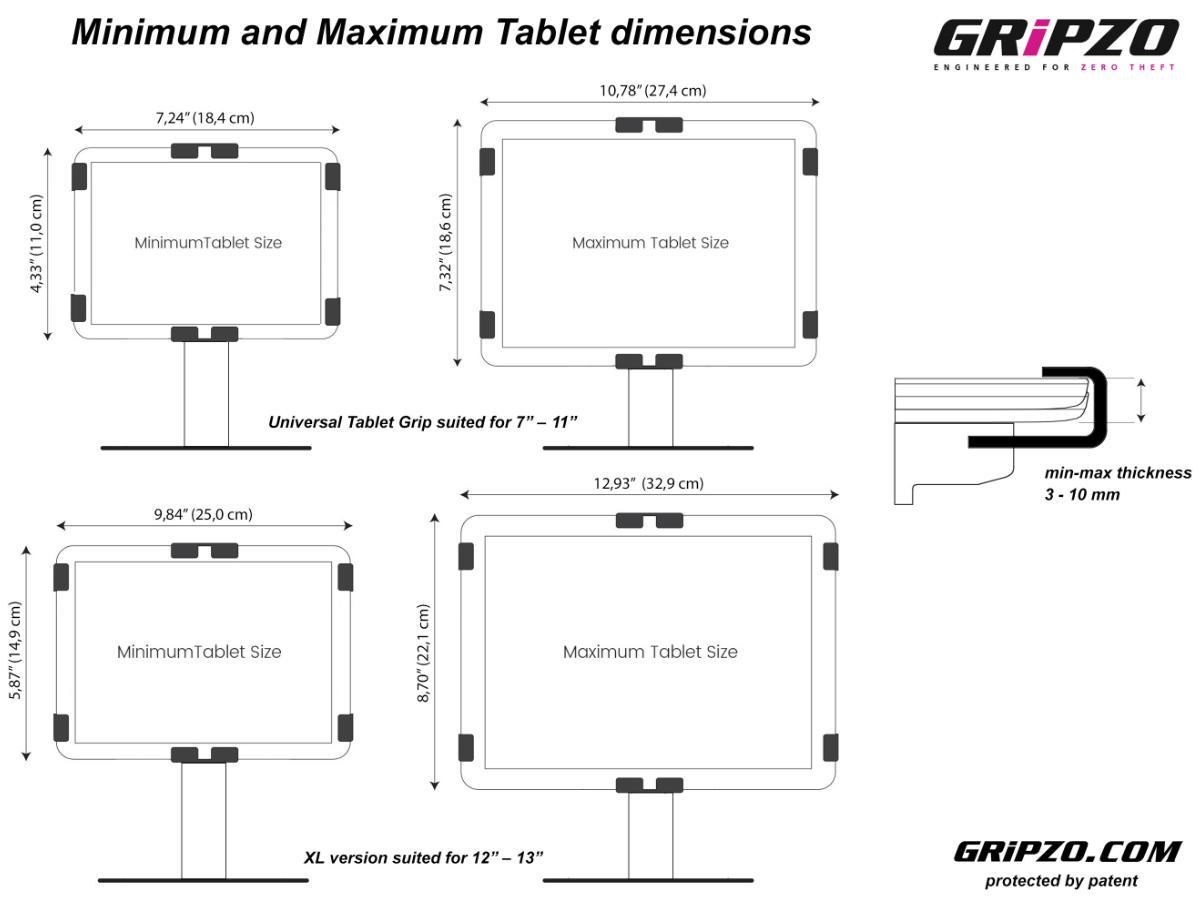 Gripzo Tablet Tischhalterung drehbar 7-11 Zoll DS, schwarz Abmessungen