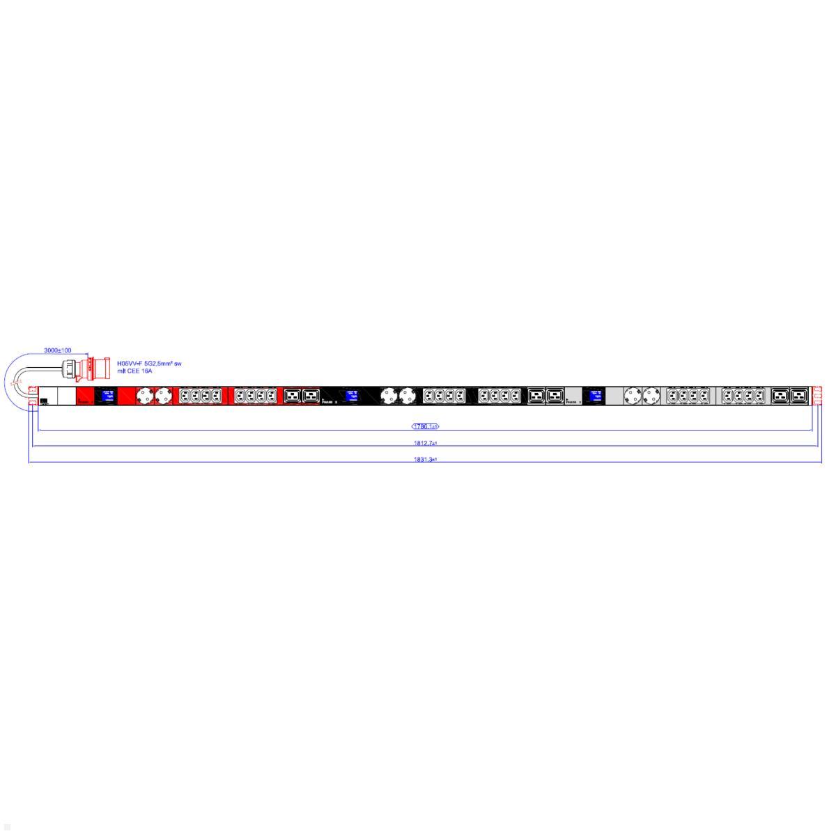 Bachmann 19" Steckdosenleiste BlueNet BN0500 24x C13, 6x C19, 6x Steckdose (800.2402) Maße