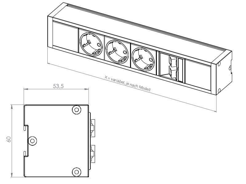 EVOline U-Dock small 3x Steckdose ohne Befestigungswinkel, silber technische Zeichnung