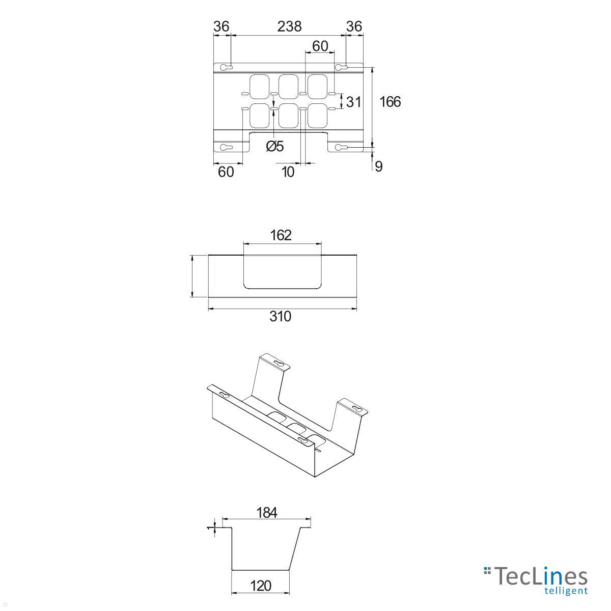 TecLines TKW001W Schreibtisch Kabelwanne horizontal 310 mm, weiß technische Zeichnung