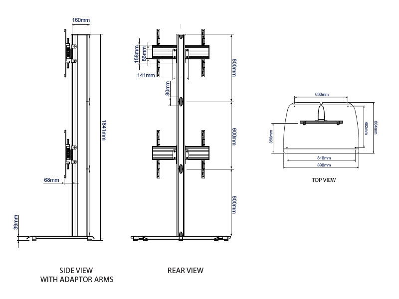 B-Tech BTF841/BS System X Dual Monitorständer 32"-65" Maße side