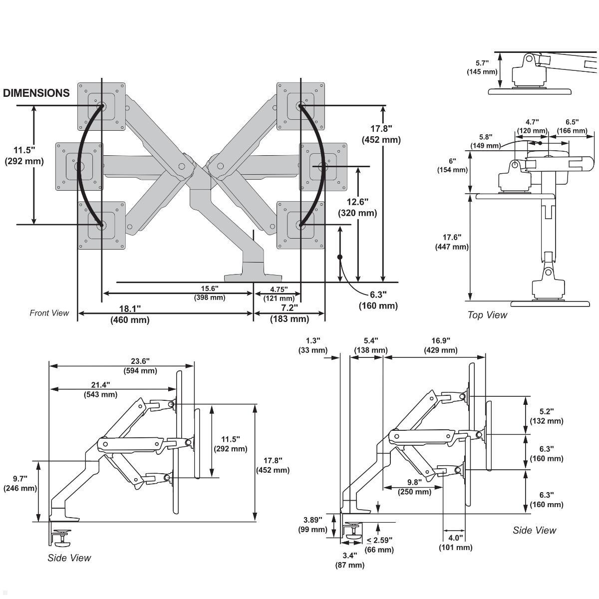 Ergotron HX Monitor Tischhalter mit VHD Gelenk bis 57 Zoll, weiß (45-693-216), technische Zeichnung