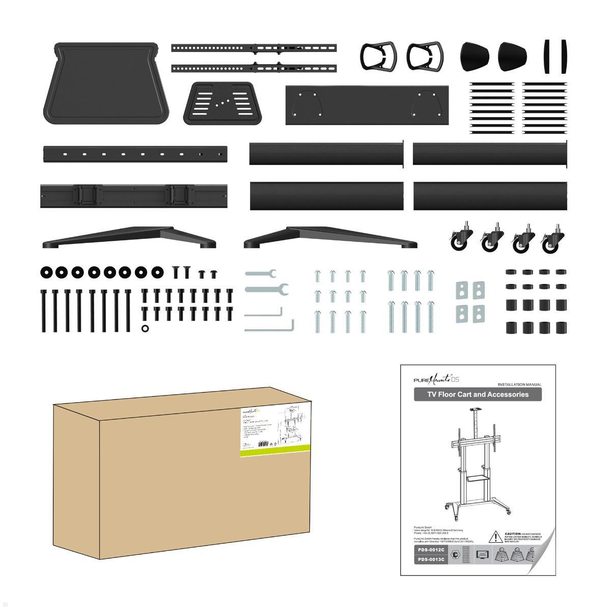 PureMounts PDS-0012C TV Ständer mit Rollen bis 90 Zoll, Lieferumfang