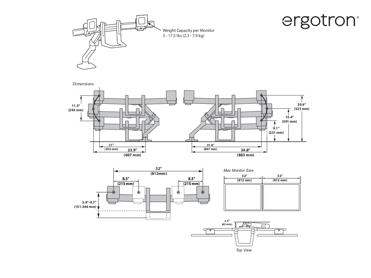 Ergotron HX Dual Tisch Monitorhalterung für USM Tisch, weiß (46-477-217) technische Zeichnung