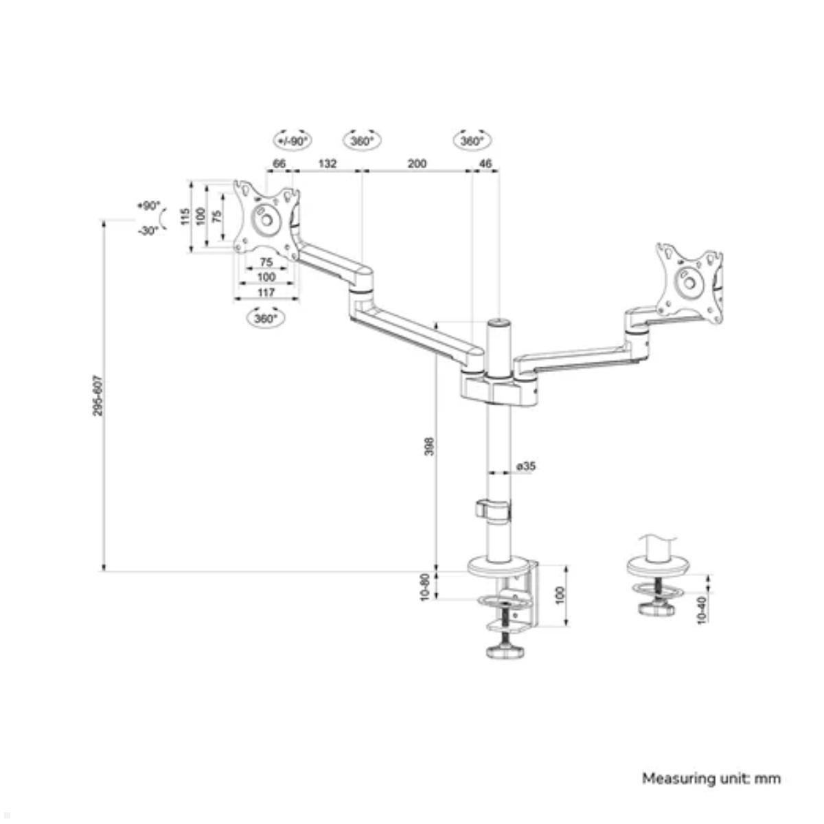 Neomounts DS60-425BL2 Monitorhalter für 2 Monitore nebeneinander bis 27 Zoll, schwarz, Maße