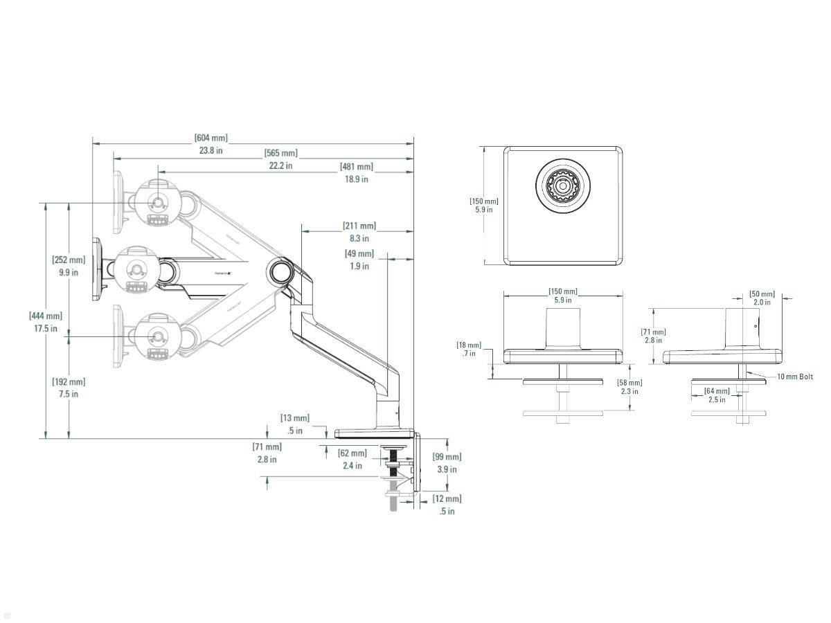 Humanscale M8.1 Monitor Tischhalter Durchschraub, weiß, Technische Zeichnung