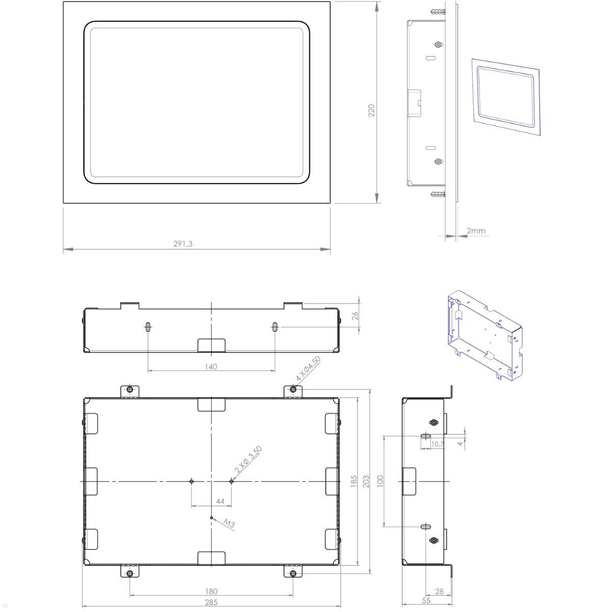 Displine Whiz Tablet Wandeinbau für Apple iPad Air / Pro, weiß, technische Zeichnung