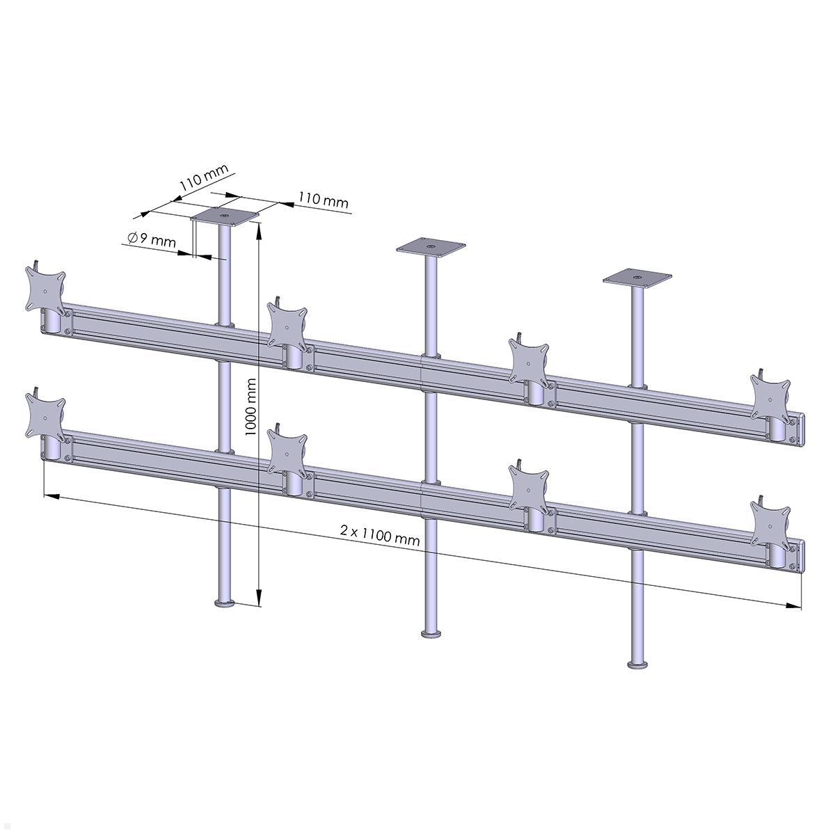 MonLines MDH222B Flat 4+4 Monitor Deckenhalterung bis 32 Zoll, schwarz, Zeichnung Maße