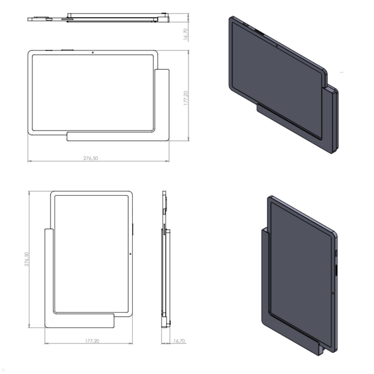 TabLines TWP029B Wandhalterung für Samsung Tab S9 11.0, schwarz, Zeichnung Maße mit Tablet