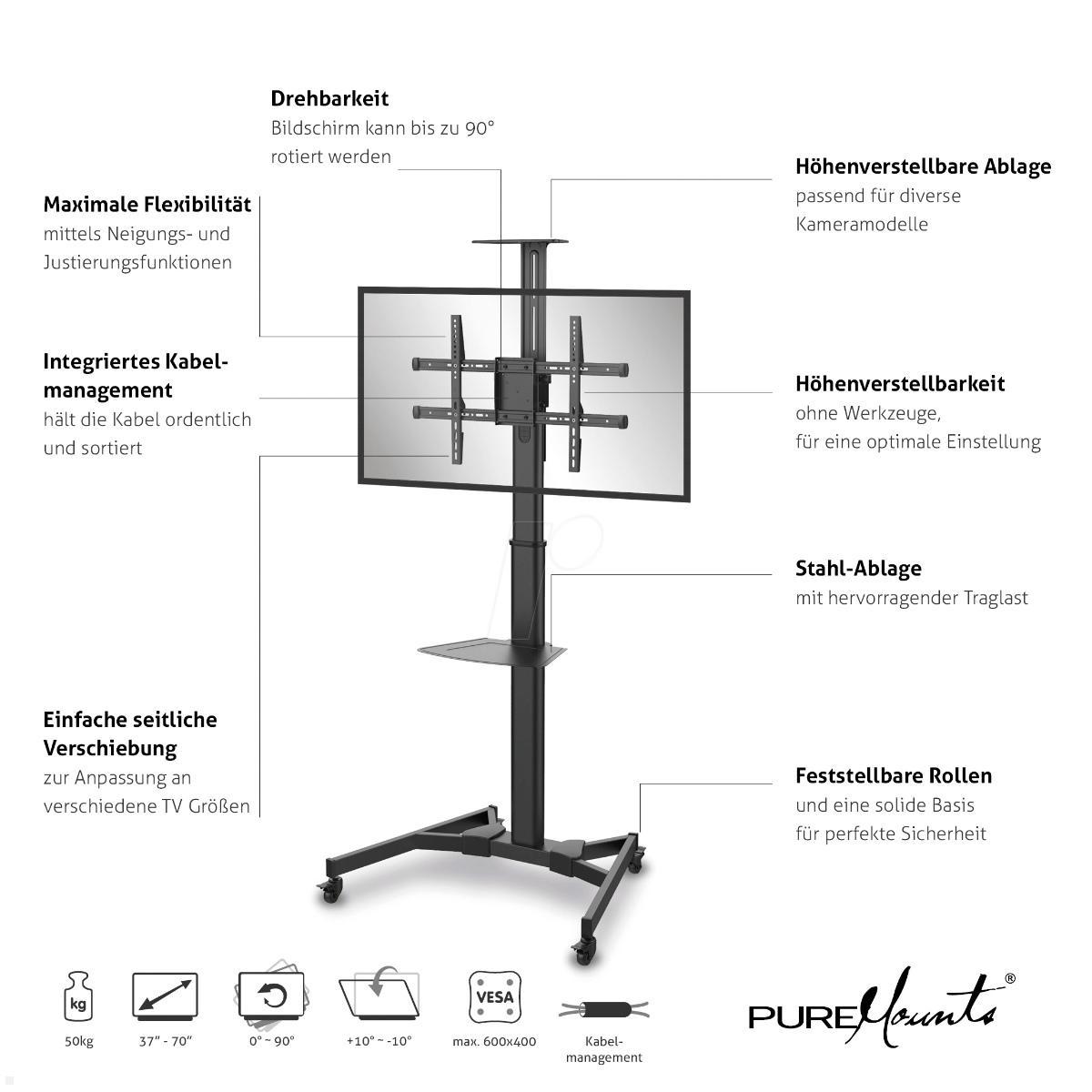 PureMounts PM-CART-70B TV Ständer mit Rollen + Ablagen bis 70 Zoll, schwarz Funktionen