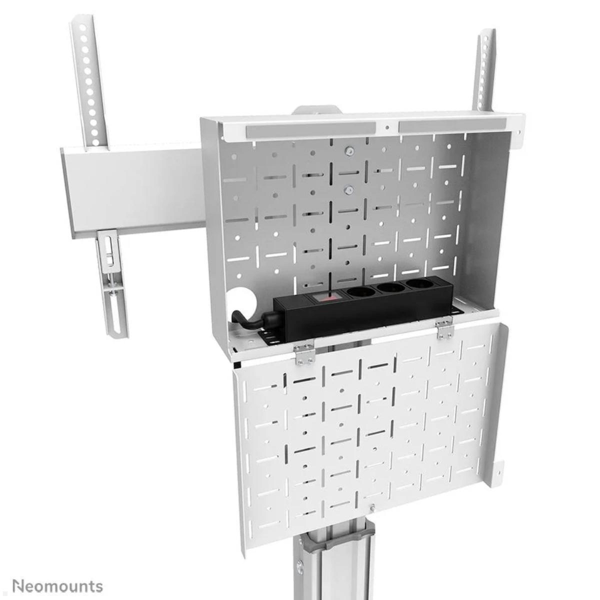 Neomounts FL50S-825WH1 mobiler TV Bodenständer 37 - 75 Zoll, weiß Bsp. Kabelbox mit Steckdosenleiste