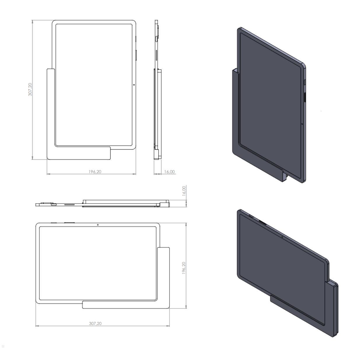 TabLines TWP030S Wandhalterung für Samsung Tab S9+ 12.4, silber, Zeichnung Maße mit Tablet