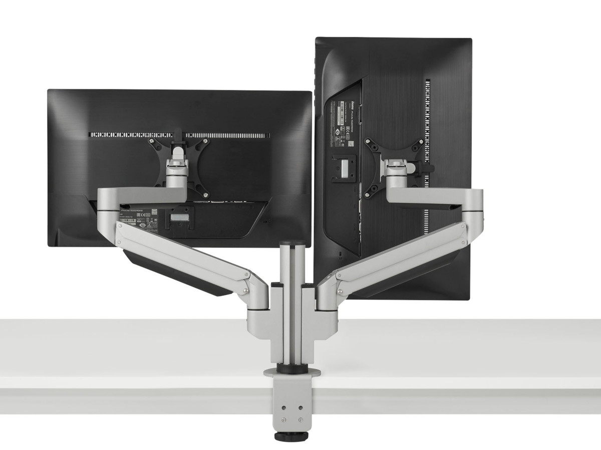 BakkerElkhuizen Dual Monitor Tischhalterung Klemme bis 32 Zoll, silber Pivotfunktion