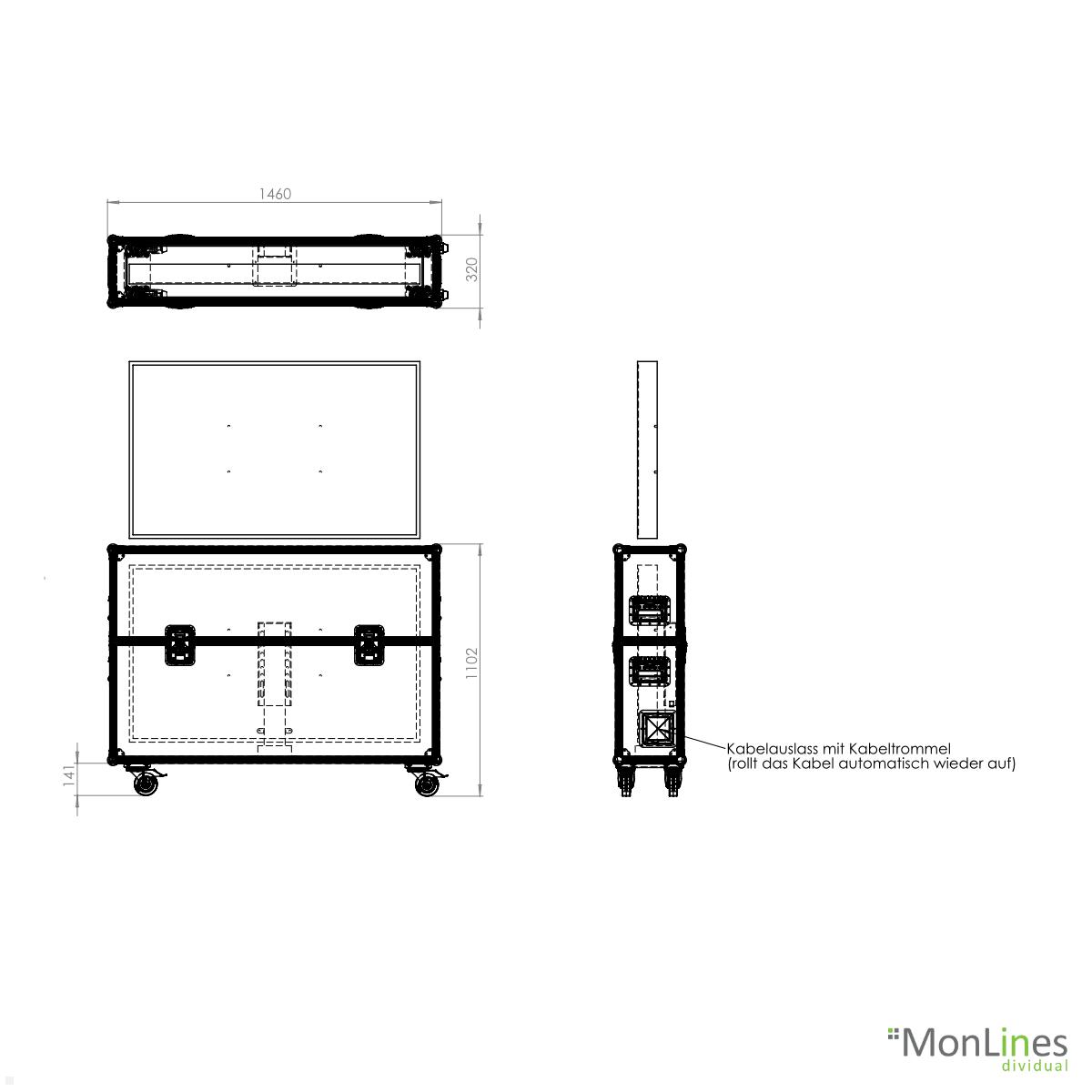 MonLines MTL002 FLYcase TV Lift im Transportcase bis 55 Zoll technische Zeichnung Case