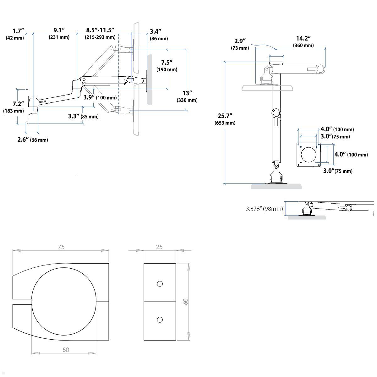 Ergotron LX Arm Monitorhalterung für Rohre / Säulen 46-50 mm, silber, technische Zeichnung