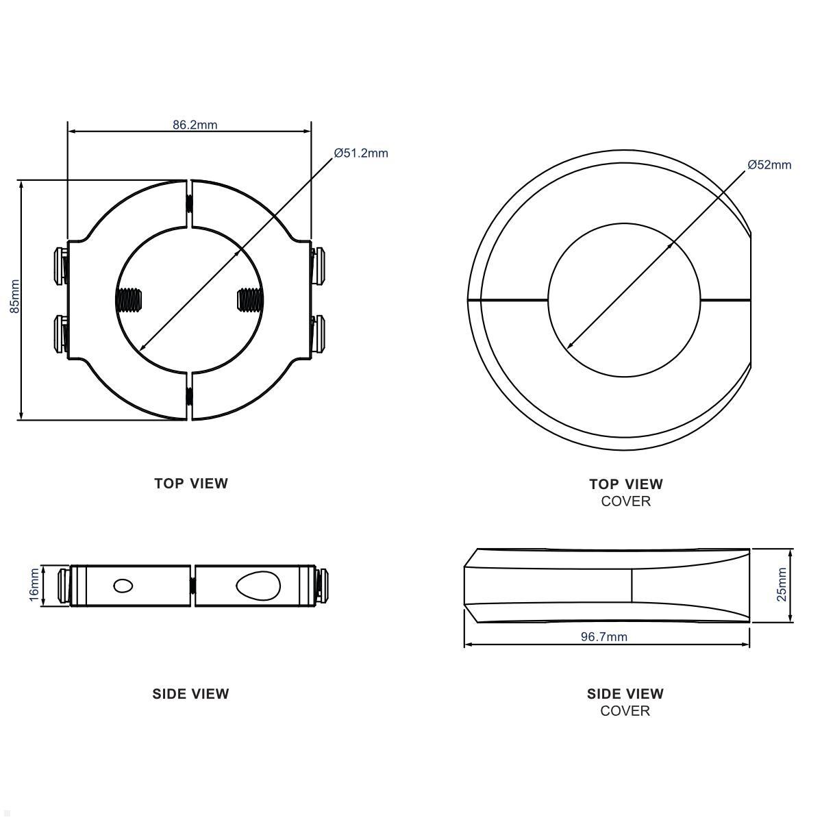 B-Tech BT7841/B Zubehör Befestigungsring für Säulen / Rohre 50 mm, schwarz technische Zeichnung