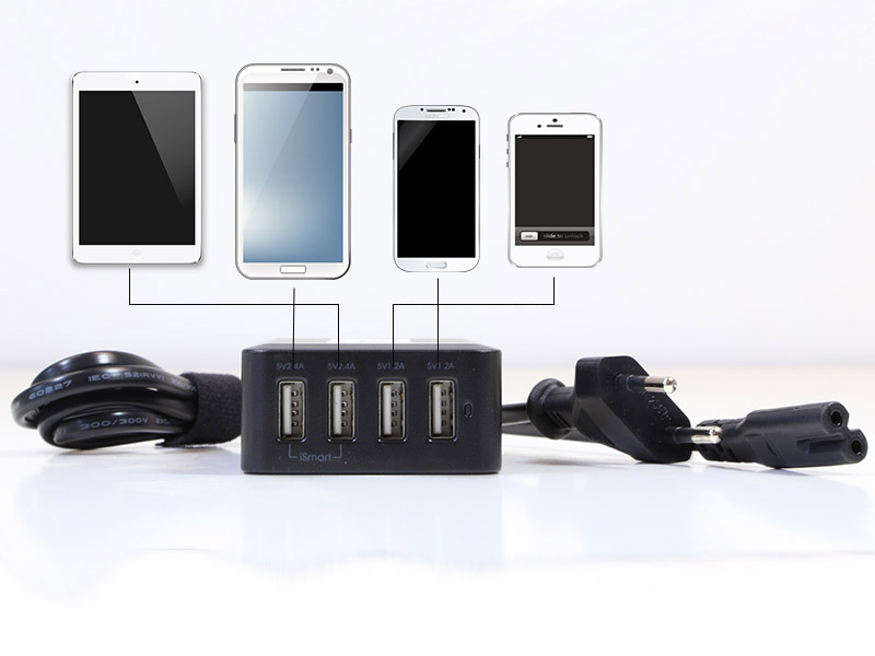 TabLines USB4-C 4-Port USB-Ladegerät mit 1m Euro-Netzkabel, schwarz Anschlüsse