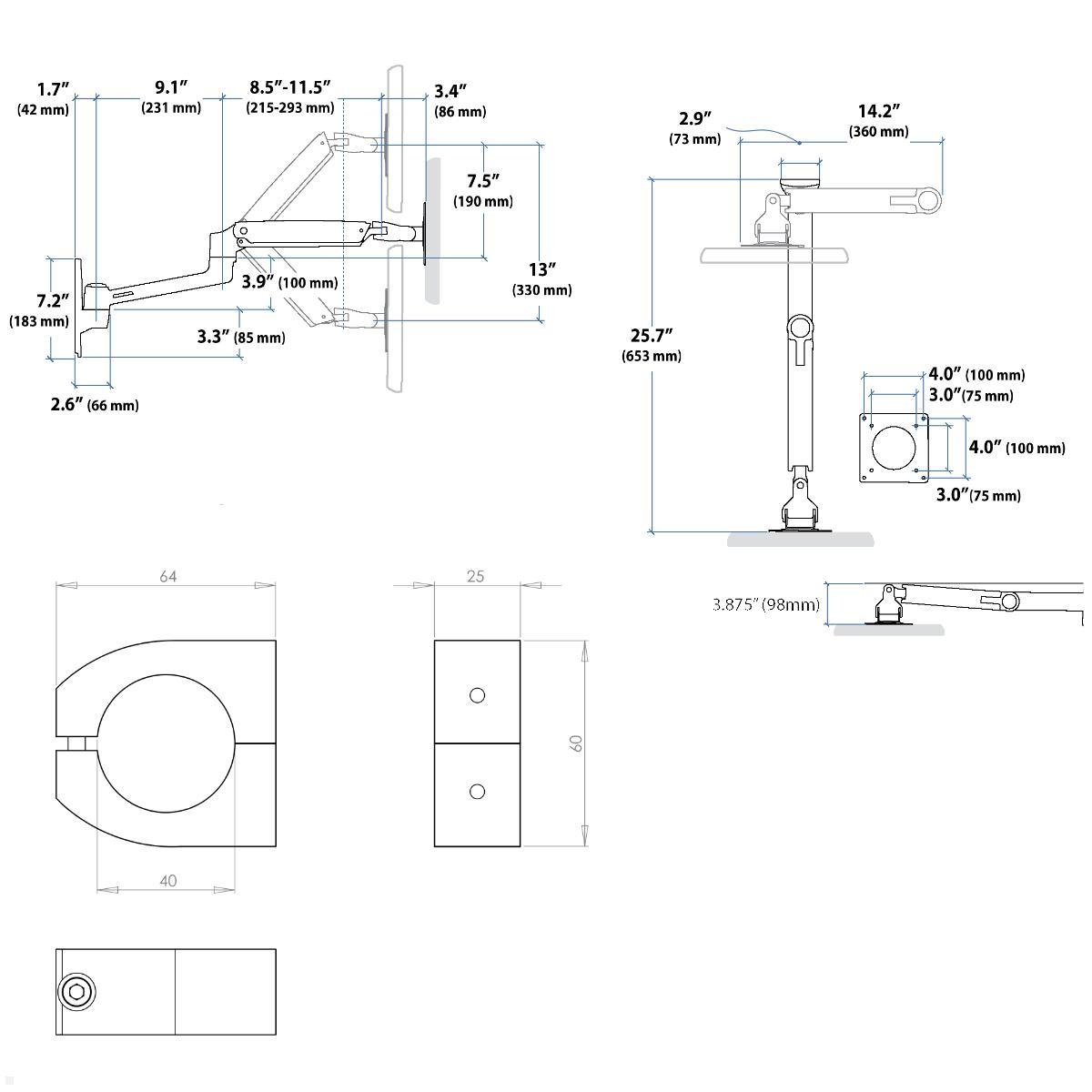 Ergotron LX Arm Monitorhalterung für Rohre / Säulen 36-40 mm, silber, technische Zeichnung