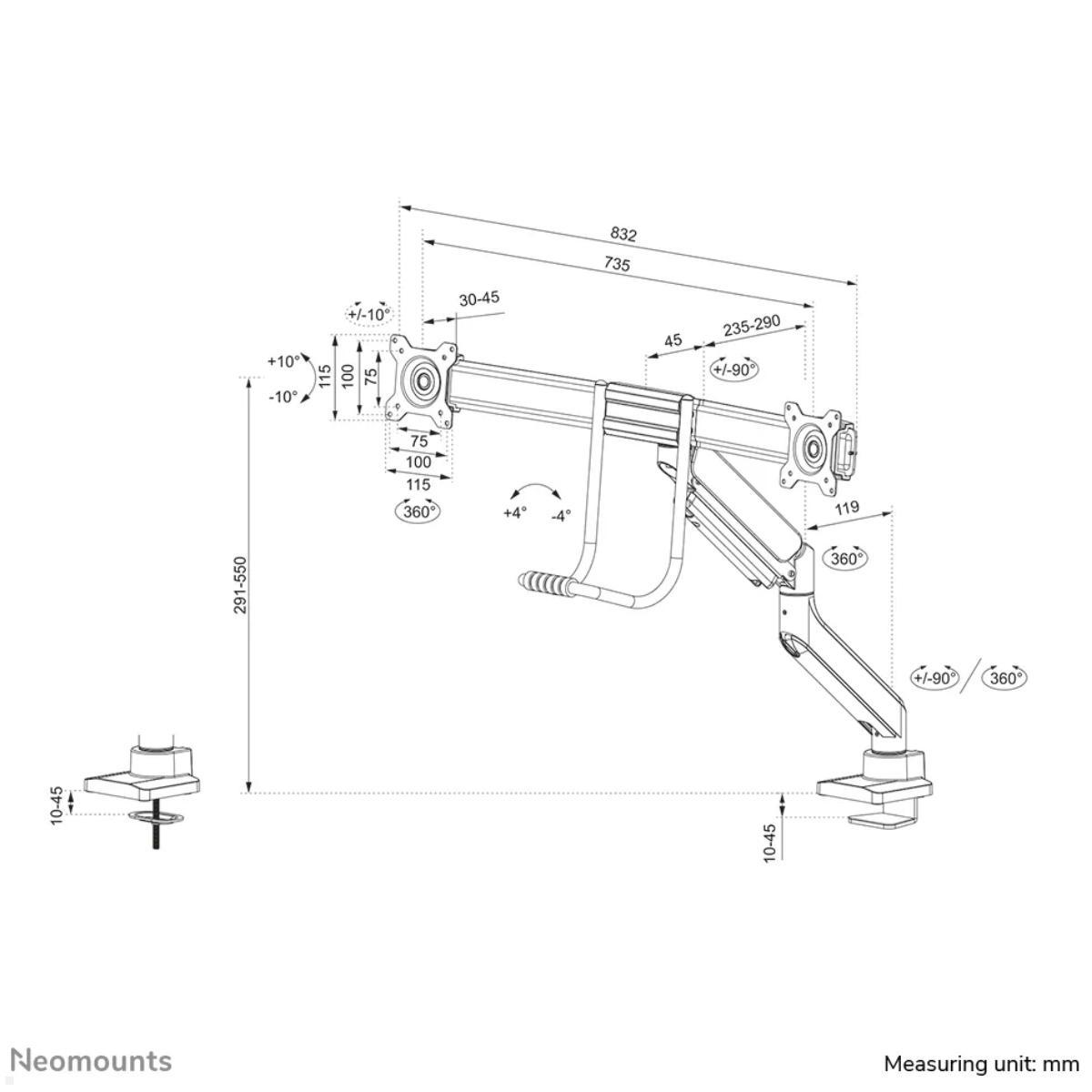 Neomounts DS75-450BL2 Monitorhalter für 2 Monitore nebeneinander bis 32 Zoll, schwarz technische Zeichnung