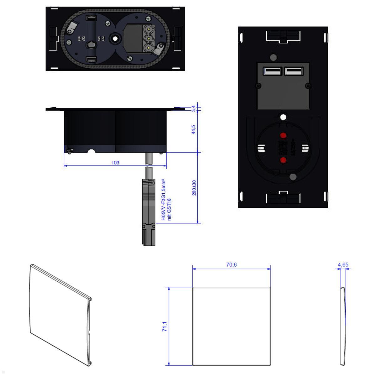 Bachmann DUE Steckdose, USB-A Doppelcharger, Deckel, schwarz (929.040DB), technische Zeichnung