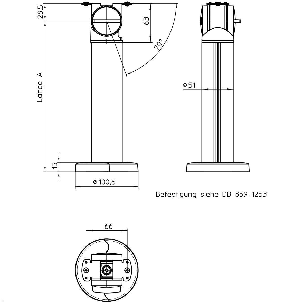 Novus POS base connect 100 mit EC Terminal Universal Adapter, technische Zeichnung Säule