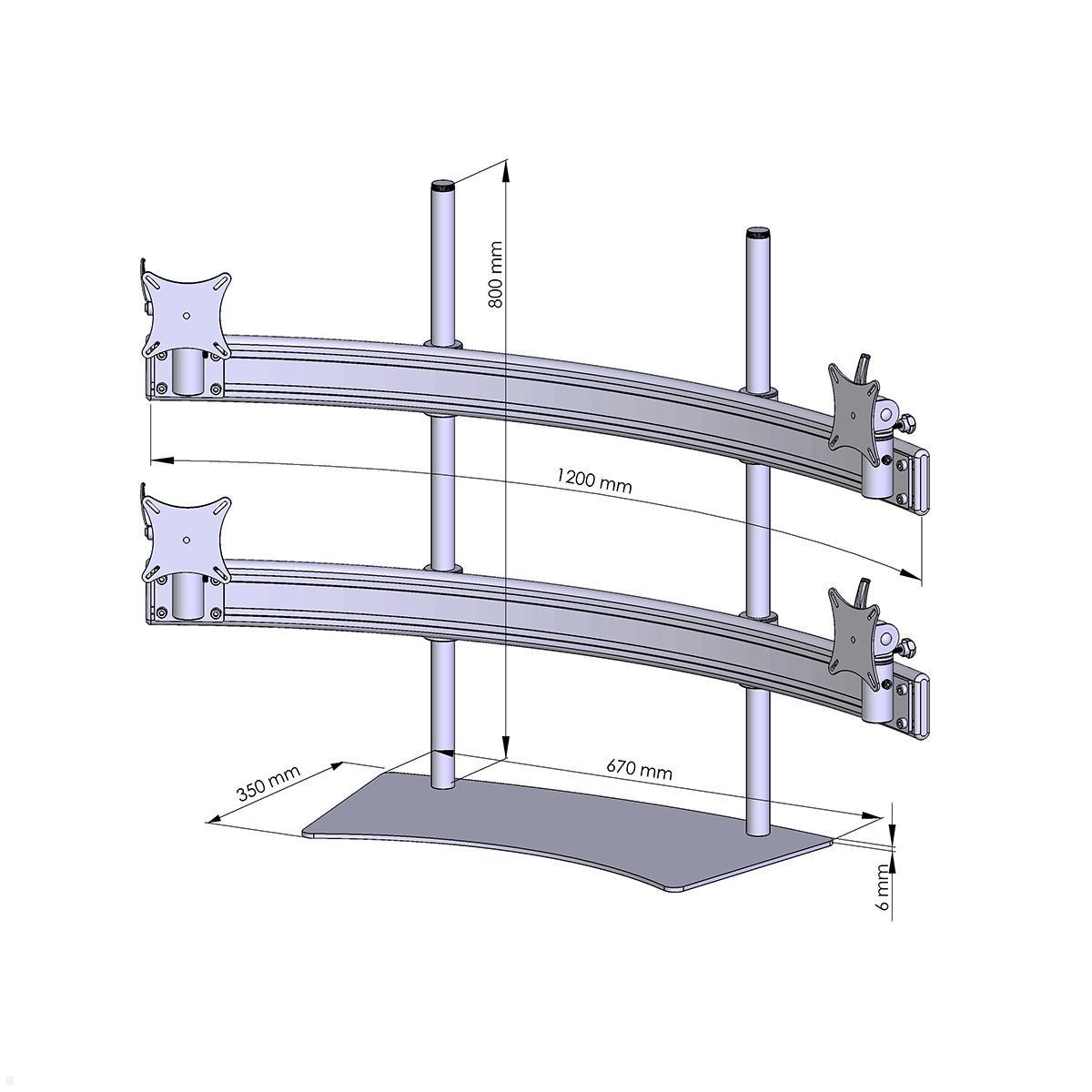 MonLines MTH298B Para 2+2 Monitor Tischhalter Standfuß bis 32 Zoll, schwarz, Zeichnung Maße