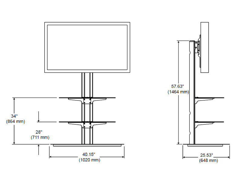 Peerless SS550P-S Monitorständer 32-50 Zoll mit 2 Glas Ablagen, silber Zeichnung