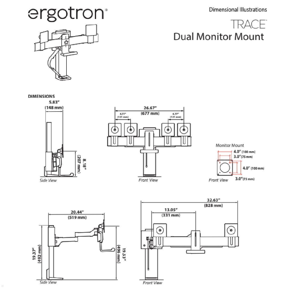 Ergotron TRACE Dual Monitor Tischhalterung (45-631-216), weiß technische Zeichnung