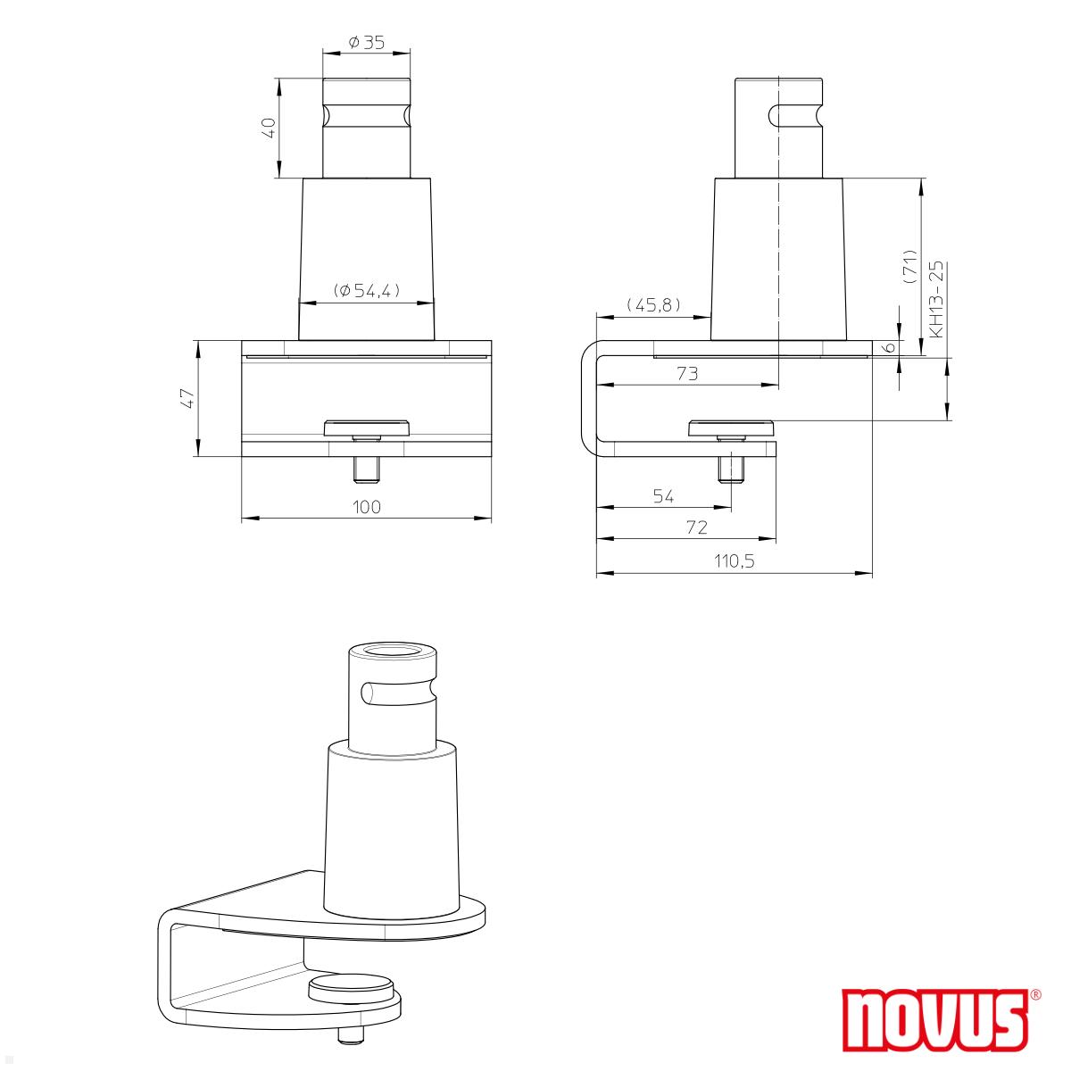 Novus Clu Plus Zubehör Tischklemme KH 13-25mm (899+0029+000), silber, technische Zeichnung