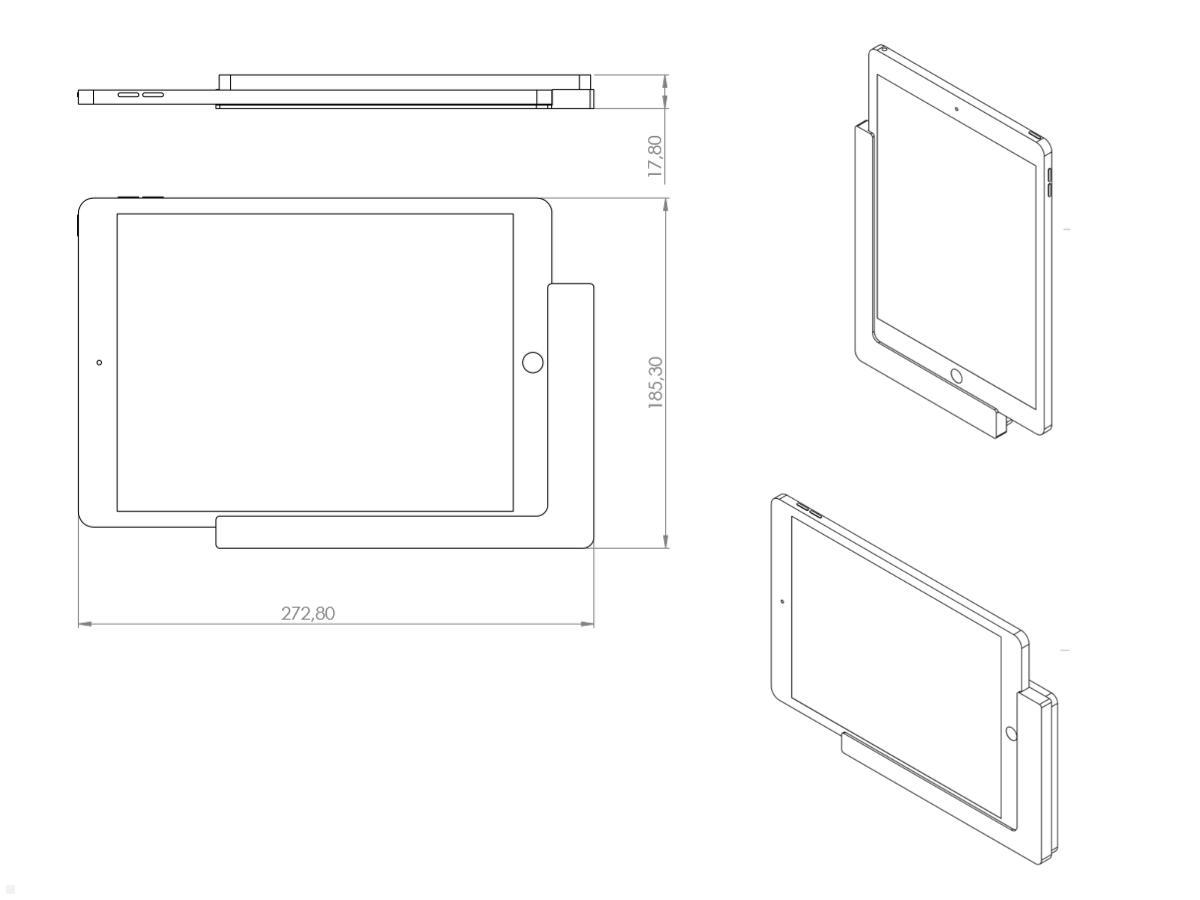 TabLines TWP004W Wandhalterung für iPad 10.2 (7./8. Gen.), weiß, Zeichnung Maße mit Tablet